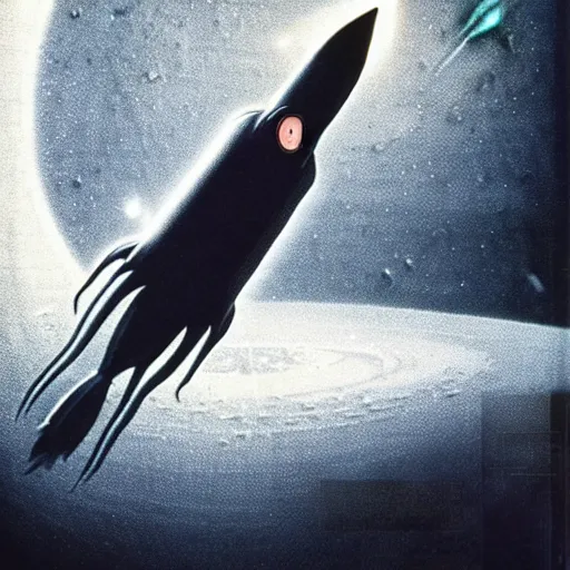 Image similar to an octane 3 d render of a rocket flying though space being chased by aliens in the style of h. r. giger, 1 9 7 3 photo from life magazine, smooth, ultra detailed,