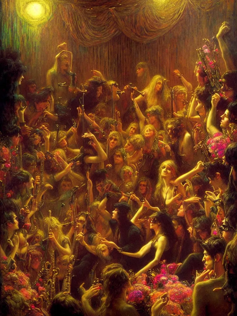 Image similar to the velvet underground and nico playing live on stage at a night club, beautiful stage decoration with flowers in the background, painting by gaston bussiere, very detailed and colorful and toned down and ornamental and moody and cool and relaxed and high on drugs, trending on artstation, behance contest winner