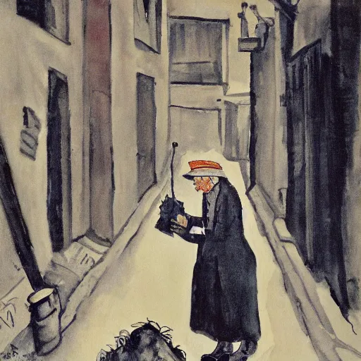 Image similar to queen elizabeth painted as a beggar in a dark forbidding alleyway by george grosz