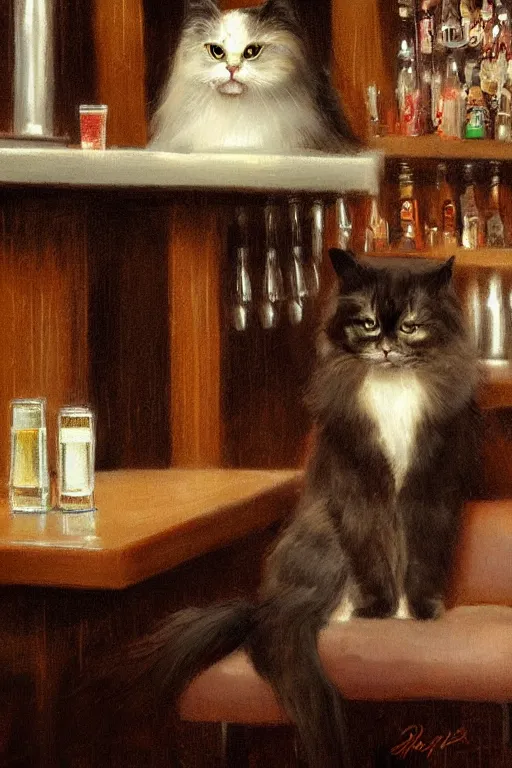 Image similar to of a british longhair cat sitting at the bar next to a beer, by greg rutkowski