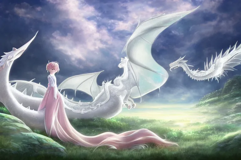 Image similar to a vast scene, panorama distant view, beautiful princess lie on the ground be surrounded snuggle by a huge silver white dragon, in the white clouds fairyland center, anime key visual of white dragon and girl, finely detailed perfect face delicate, distant lens, style of raphael lacoste, trending on pixiv fanbox, james jean, studio ghibli, xision