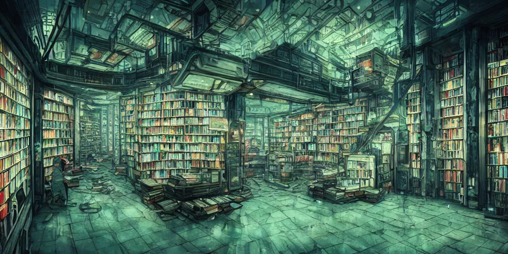 Image similar to cinematic shot of the interior of an old bookstore full of books, dystopian future, neon lights, sci - fi, night lights, haze, concept art, intricate, in the style of katsuhiro otomo, akira, unreal engine