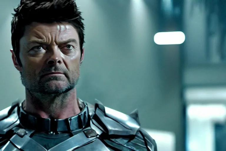 Image similar to film still frame of karl urban as wolverine, adamantium, high quality