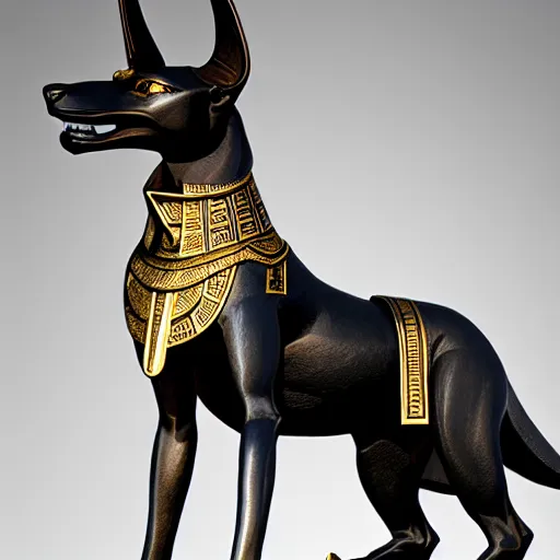 Image similar to a statue of anubis made of black ebony, decorated with gold and enamel,, elegant, epic, detailed, intricate, digital painting, concept art, studio photo, realistic detailed, smooth, focus, rim light