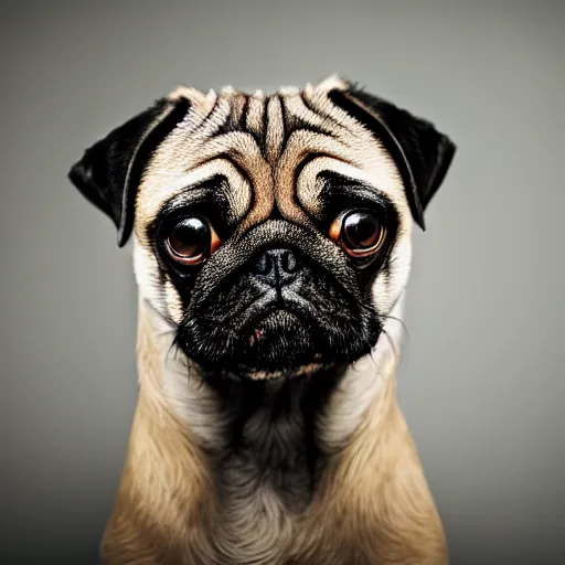 Image similar to portrait of a pug with an emo haircut, intricate detail, high contrast, studio photo, well lit,