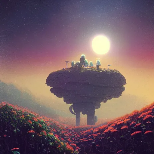 Image similar to a fantastic hyperdetailed 3 d matte painting of a giant robot partially covered in overgrowing wildflowers on an alien planet under arctic moonlight by moebius by beeple by by jakub rozalski by paul lehr by dan mumford