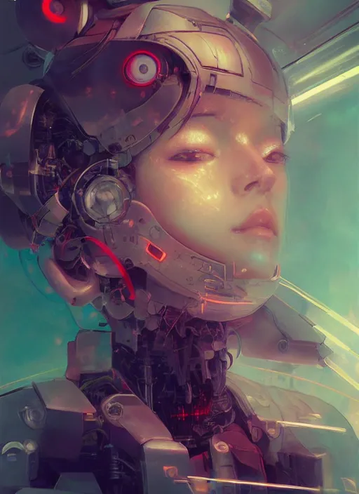 Image similar to surreal illustration, by yoshitaka amano, by ruan jia, by conrad roset, by Kilian Eng, by good smile company, detailed anime 3d render of a female mechanical android, portrait, cgsociety, artstation, modular patterned mechanical costume and headpiece, retrowave atmosphere