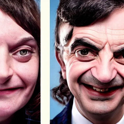 Image similar to A portrait mr bean elizabeth teams up with a teenage mr bean, perfect faces, 50 mm, award winning photography