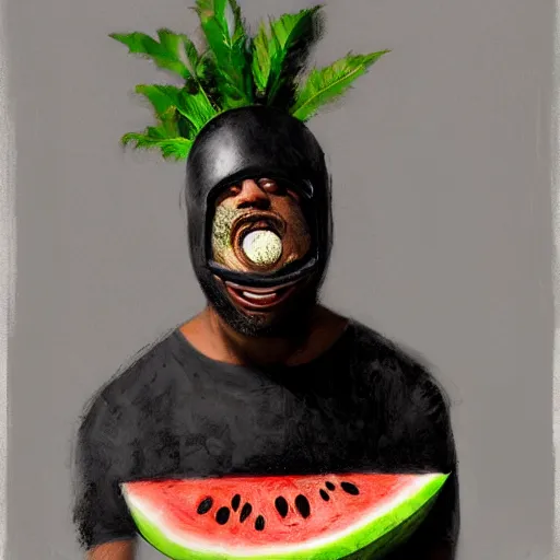 Prompt: front portrait of a funny looking not smiling black guy with a watermelon fruit helmet that covers only the top of his head by greg rutkowski