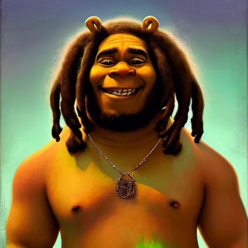 Prompt: shrek as bob marley, brown skin, highly detailed, digital painting, artstation, concept art, sharp focus, illustration, art by greg rutkowski and alphonse mucha