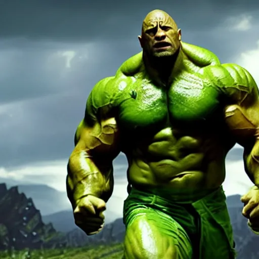 Image similar to dwayne johnson as incredible hulk, marvel cinematic universe, mcu, 8 k, raw, unedited, green skin, symmetrical balance, in - frame,