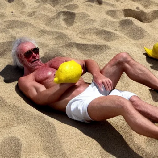 Image similar to a humonid muscular lemon cartoon character, is relaxing on a beach,, inspired by dalle - 2 generations