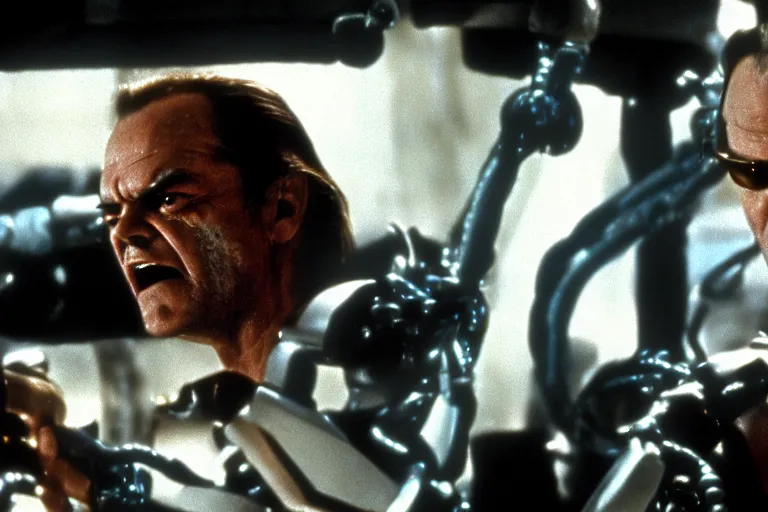 Image similar to Jack Nicholson plays Terminator, scene where his endoskeleton gets exposed, still from the film