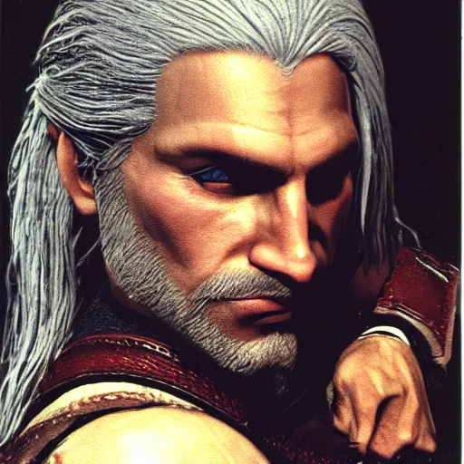 Prompt: polaroid of Hyper-real Geralt of rivia face shot by Tarkovsky