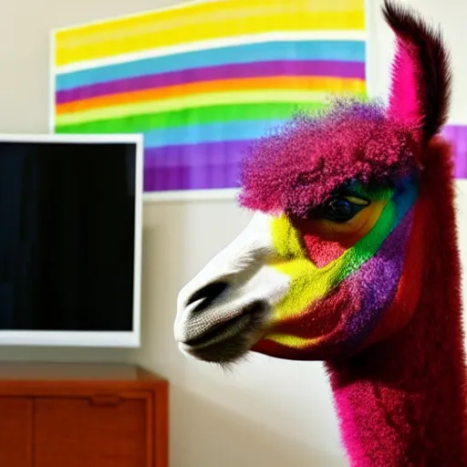 Image similar to rainbow llama watching tv