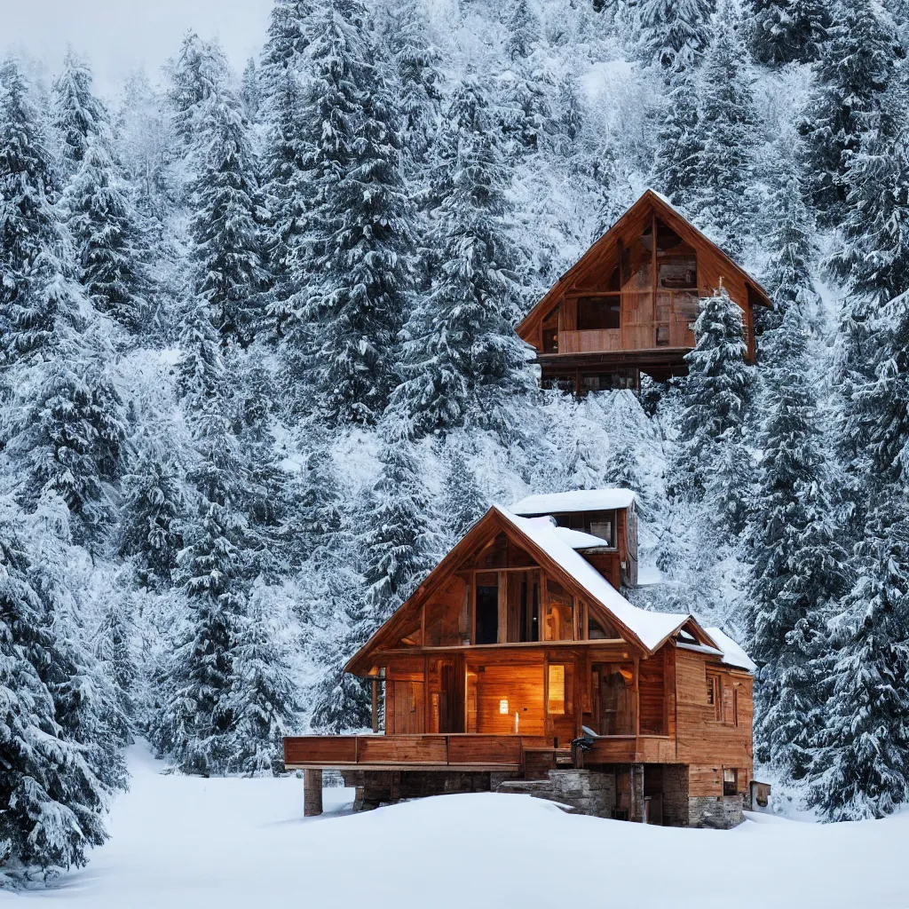 Image similar to “Hyper realistic, wooden cabin in mountain covers by snow, sunset, Future design, architecture design, foggy, organic form, environment, Cinematography, mega scans, sloped site, cinematic, hyper realistic, photo real, cinematic composition, highly detailed, vray, 8k render”