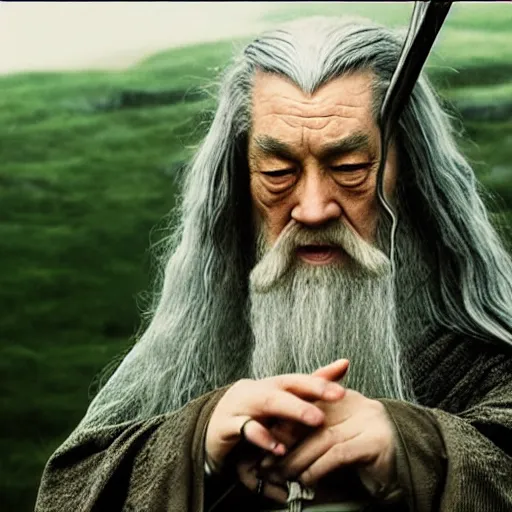 Image similar to a still from “ lord of the rings ” of a head and shoulders portrait of master tang as gandalf, photo by phil noto