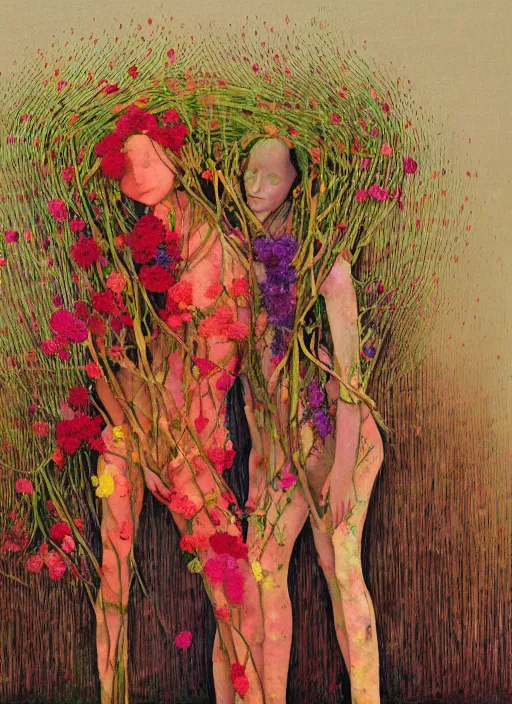 Prompt: portrait of women made of twigs and colorful flowers hugging Edward Hopper and James Gilleard, Zdzislaw Beksinski, highly detailed