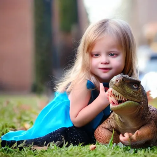 Image similar to girl with a pet dinosaur, cute,