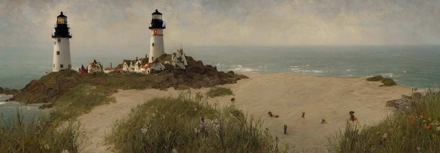 Image similar to super detailed in the style of Jan Brueghel the Elder, greg rutkowski and alphonse mucha , of Prince Edward Island with ocean a single lighthouse and sand dunes.