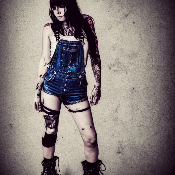 Image similar to fully body pose, photo of a very beautiful!! grungy skull woman, torn overalls, short shorts, fishnets, combat boots, 8 k, hdr, smooth, sharp focus, high resolution, award - winning photo, trending on artstation, dslr, 5 0 mm