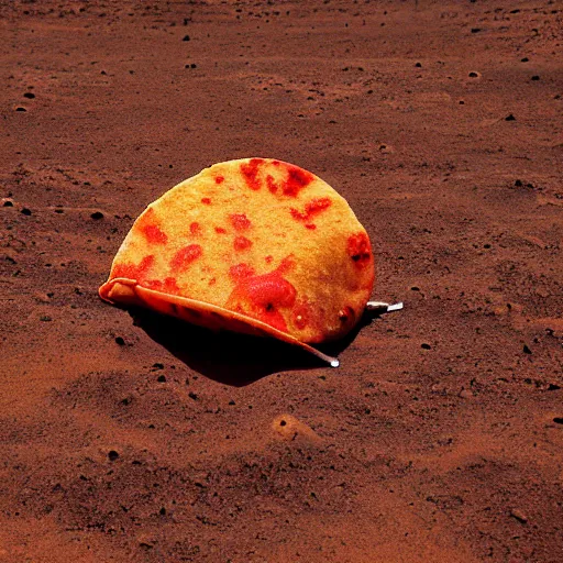 Prompt: a lonely taco on mars, photograph, red lighting, taco,