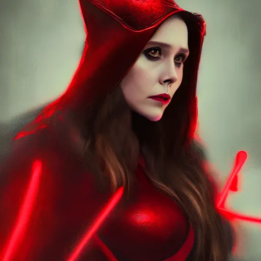 Image similar to Elizabeth Olsen as the Scarlet Witch in emo attire and dark eyeliner, trending on artstation, gloomy atmosphere, photorealistic facial features, 4k, 8k