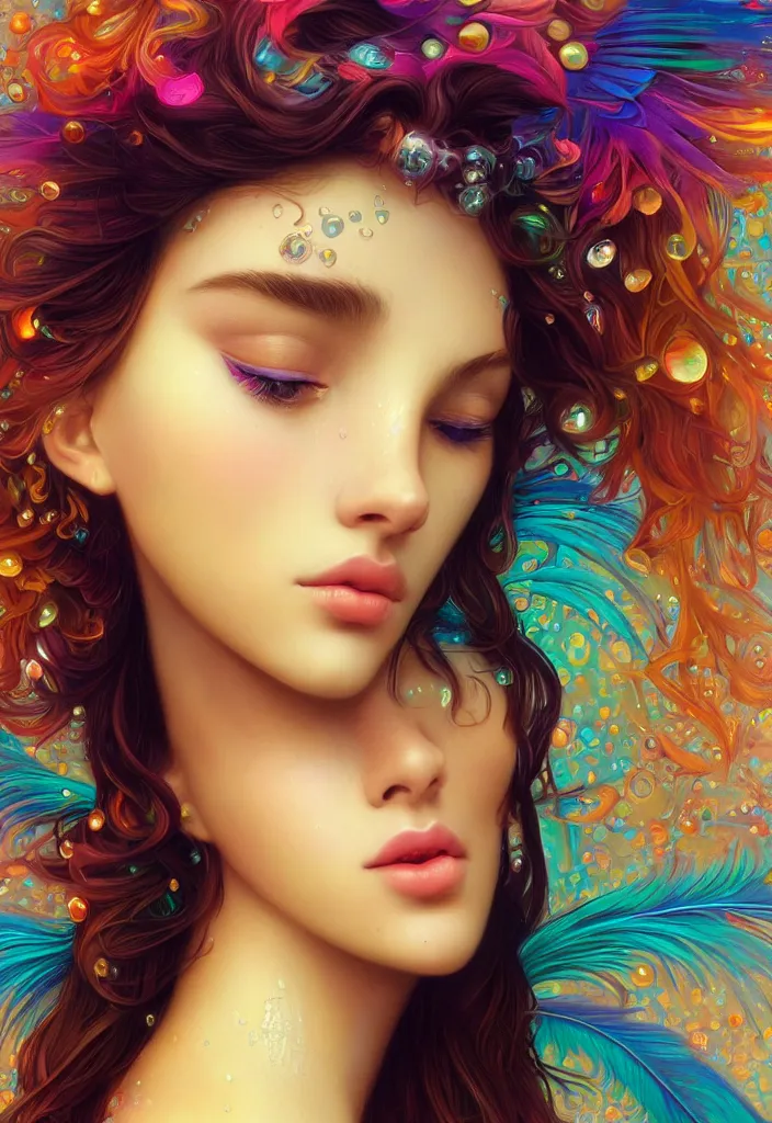 Image similar to beautiful, young woman, detailed gorgeous face, vaporwave aesthetic, synthwave, colorful, psychedelic, water droplets, feathers, crown, artstation, concept art, smooth, extremely sharp detail, finely tuned detail, ultra high definition, 8 k, unreal engine 5, ultra sharp focus, illustration, art by artgerm and greg rutkowski and alphonse mucha