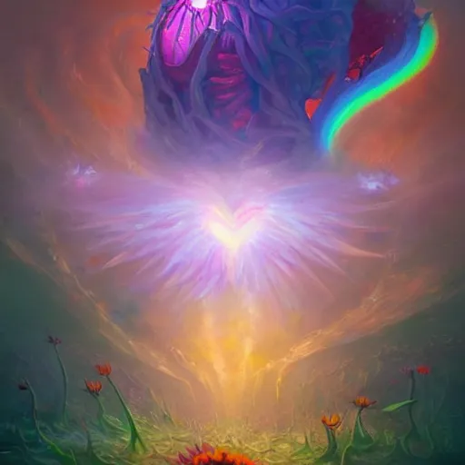 Image similar to a beautiful painting by Tyler Edlin and Anato Finnstark of a heart bursting out of a rib-cage and turning into rainbows and sunflowers, neon pastel color palette, soft feminine elegant, trending on artstation hq