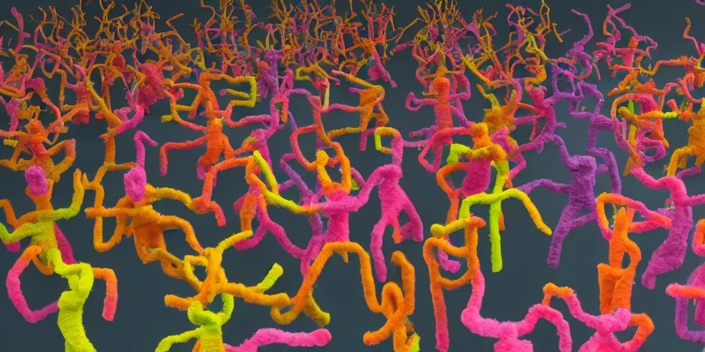 Image similar to group of giant sakura-colored people dancing made out of fluffy pipecleaners in the style of Jean-Michel Basquiat, 3D cinematic lighting, spotlight at a 90 DEGREE ANGLE, photorealism, octane render, depth of field, 8k, 35mm, artgem, Trending on artstation