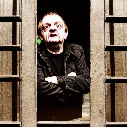 Image similar to mark e smith lurking in a dark scary castle, light shining through bars in the window