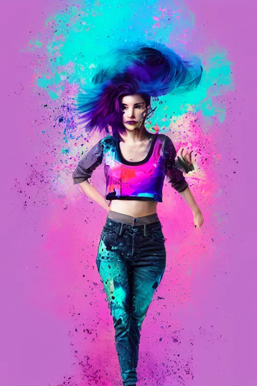 Image similar to a award winning half body porttrait of a beautiful woman in a croptop and cargo pants with ombre purple pink teal hairstyle with head in motion and hair flying, paint splashes, splatter, outrun, vaporware, shaded flat illustration, digital art, trending on artstation, highly detailed, fine detail, intricate