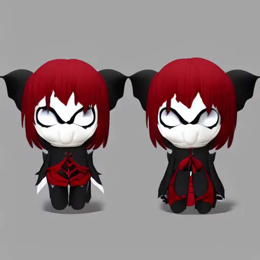 Prompt: cute fumo chibi plush imp, black and white with red hearts, mystery villain, midboss, soft shadow, vray, asymmetry