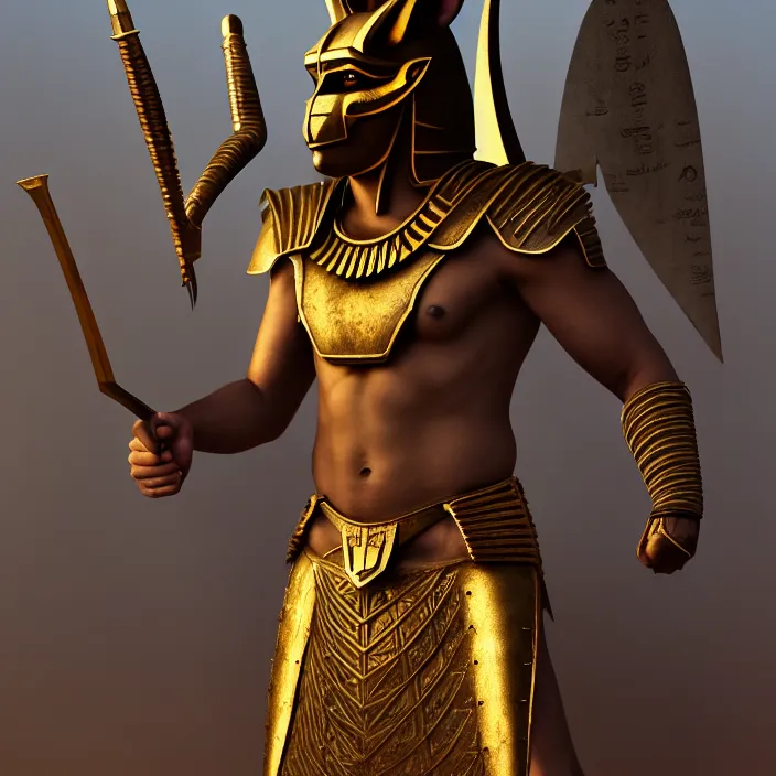 Prompt: professional photograph of a real - life anubis warrior. extremely detailed. 8 k