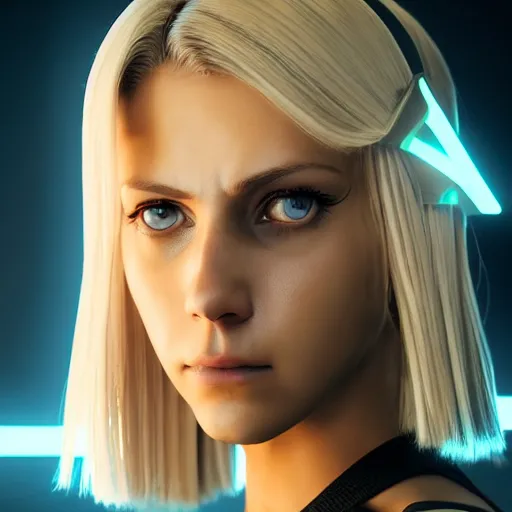 Image similar to Annie Leonhart in a Tron movie, octane render 8k, photorealistic render, atmospheric render, beautiful face, cute, realistic skin, beautiful eyes