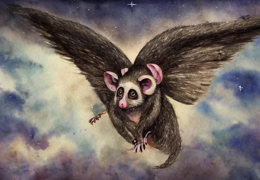 Image similar to gorgeous winged possum flying over a medieval castle under a dark starred sky, dark fantasy, watercolor, dreaming illusion, highly detailed, 4k, trending on Artstation, award-winning