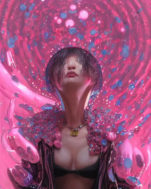 Prompt: beautiful fantasy character portrait, yayoi kusama locked in an infiniti room, wearing oversized puffy pink bomber jacket and black bikini, ultra realistic, wide angle, seductive pose, cyberpunk artifacts, highly detailed by peter mohrbacher, hajime sorayama, wayne barlowe, boris vallejo, aaron horkey, gaston bussiere, craig mullins