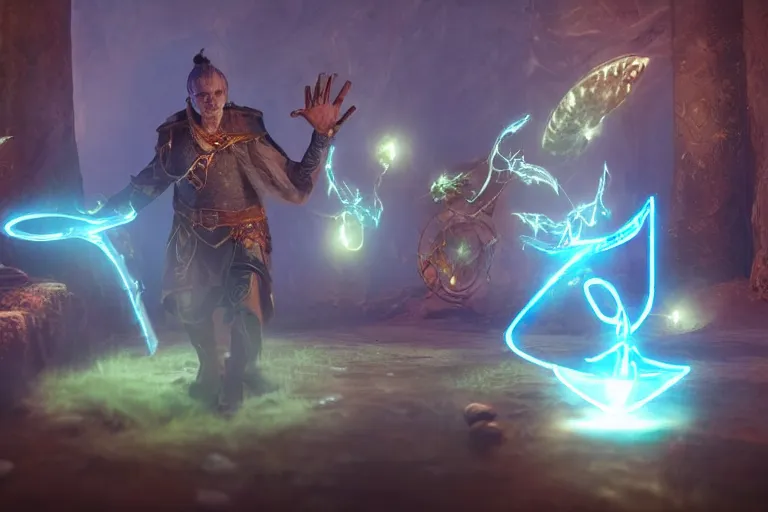 Prompt: A powerful Sorcerer draws magic glowing runes in the air, enchanting objects with glyph magic, D&D fantasy setting, 4k