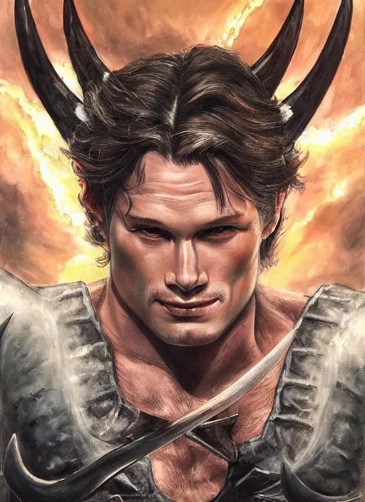 Prompt: front portrait of attractive Sam Winchester as a muscular warrior holding swords ⚔️ demon wings wide open, teared apart T-Shirt whole body tattooed with runes and satanic symbols, D&D!, fantasy style, sharp focus!, ultra detailed, art by Artgerm and Peter Andrew Jones, WLUP