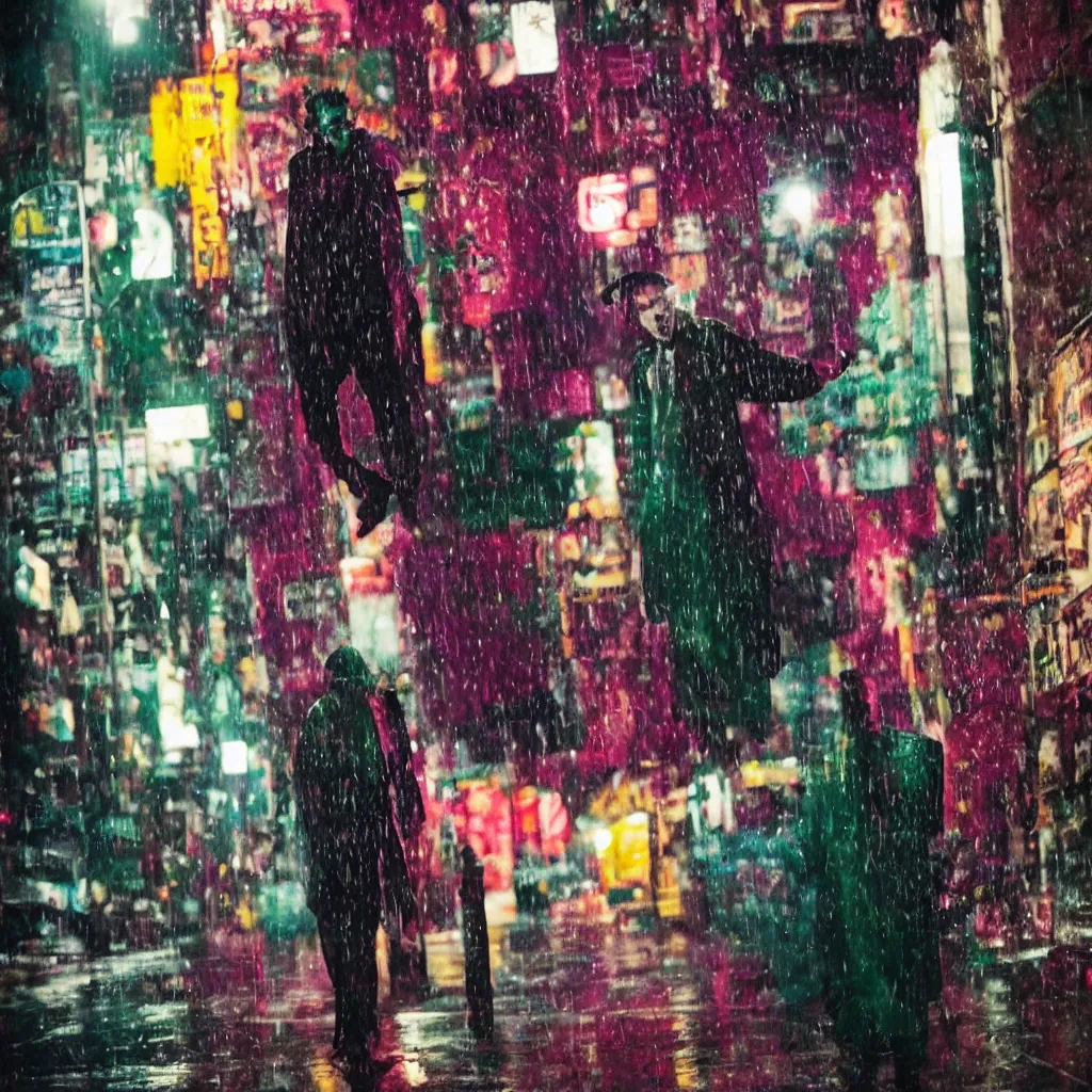 Image similar to night flash portrait photography of the joker on the lower east side by annie leibovitz, colorful!!, nighttime!, raining!