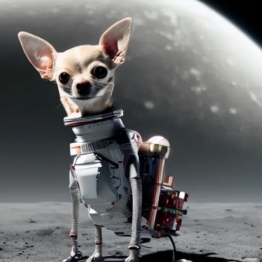 Image similar to Chihuahua cyborg on the moon, space base, mechanical, celestial background, octane, 4k, hyper realism, sharp focus