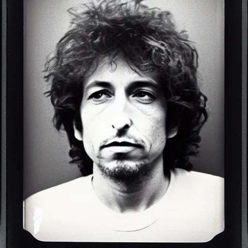 Prompt: Mugshot Portrait of Bob Dylan, taken in the 1970s, photo taken on a 1970s polaroid camera, grainy, real life, hyperrealistic, ultra realistic, realistic, highly detailed, epic, HD quality, 8k resolution, body and headshot, film still, front facing, front view, headshot and bodyshot, detailed face, very detailed face