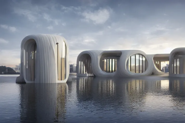 Prompt: a building formed by the combination of many white spherical spaces and boolean, on the calm lake, people's perspective modern curved architecture, future, wood, marble, metal award winning, highly detailed 4 k art, dusk, unreal engine highly rendered, global illumination, radial light, internal environment by kazuyo sejima