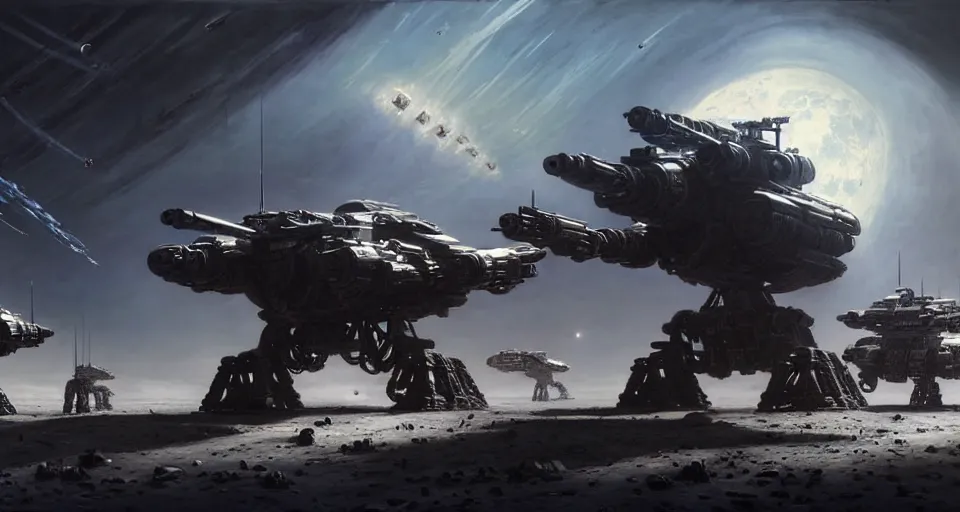 Image similar to hyper realistic sci - fi matte concept art painting of epic cinematic battle between mechwarriors fighting on the moon, guns, missiles, explosions, beautiful details, strong composition painted by kim jung guweta studio rutkowski, james gurney and greg rutkowski, and lucasfilm, smooth, intricate, detailed, sharp focus, cinematic