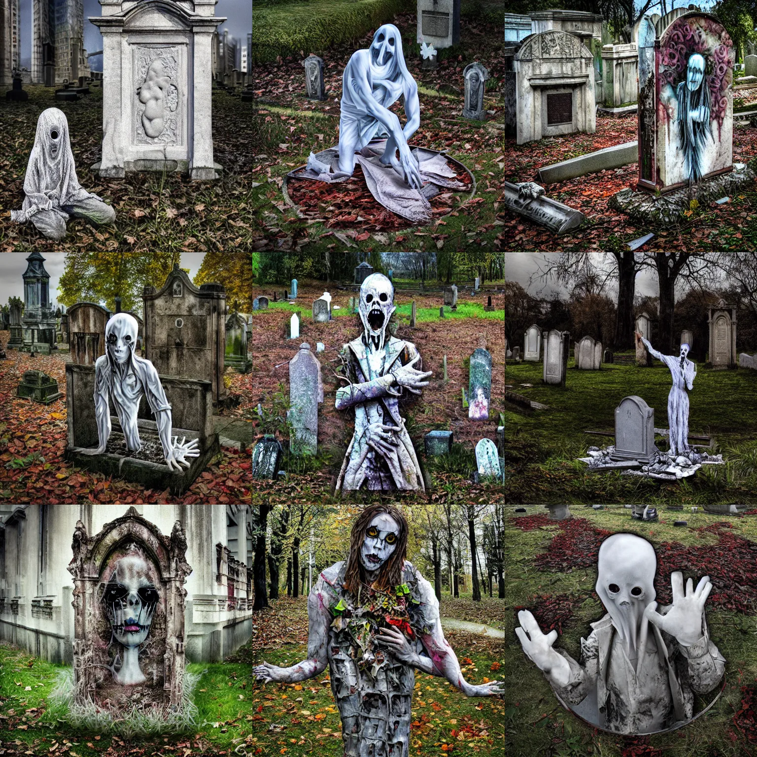 Prompt: bordalo ii photo - realistic render of a strange ghost in a graveyard