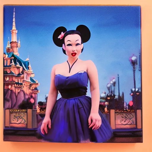 Image similar to beautiful bald asian woman with pinup makeup wearing disneyland mouse ears standing in front of the disneyland castle at night, oil painting, highly detailed, theatrical lighting, sharp focus