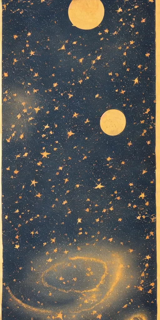 Image similar to oriental painting of the nebula, moon is far above, detailed, refined, high quality, parchment, blackened space, lots of stars, towards the bottom it fades into the parchment