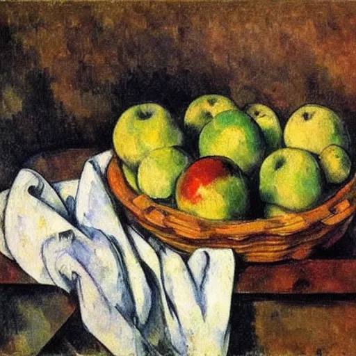 Prompt: a basket of red and green apples on a wooden table, oil painting by paul cezanne