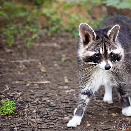 Image similar to detailed, professional photo of a cat / racoon hybrid, taken with my nikon d 3