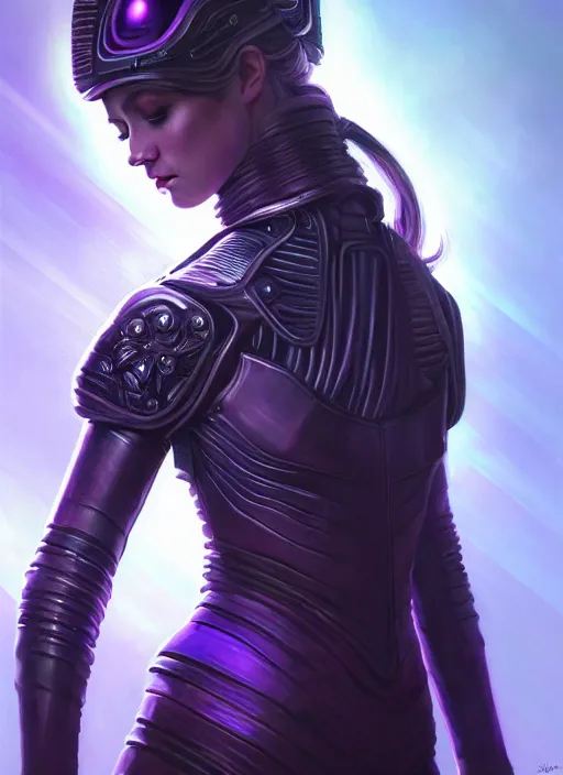 Image similar to top down lighting, close up, stunning portrait of a woman in purple leather sci - fi armor with a long black ponytail, purple eyes, spaceship hallways, intricate, fog, mist, god rays, spotlights, highly detailed, digital painting, artstation, concept art, smooth, sharp focus, illustration, art by wlop, mars ravelo and greg rutkowski